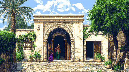 Fototapeta premium Ornate Tan Stone Building Facade with Arched Entrance Doorway with Detailed Pixel Art on an Overcast Day Time Exterior Setting