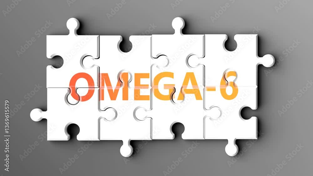 Poster omega-6 being a complex topic - puzzle pieces with word omega-6 coming together to make a whole. ome