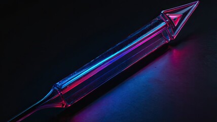 A sleek, glass object with a pointed end, illuminated in vibrant pink and blue hues against a dark backdrop.