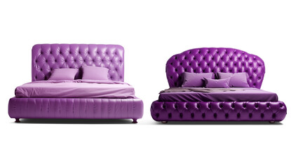 Front view of Luxurious Purple Tufted Bed with Padded Headboard and Decorative Pillows Isolated on Transparent Background 