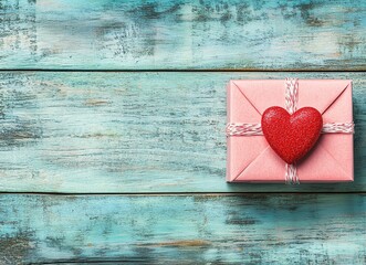 Valentine's Day background with pink gift box and red heart on pastel colored paper, flat top view with copy space, stock photo with 2/3 space for text. 