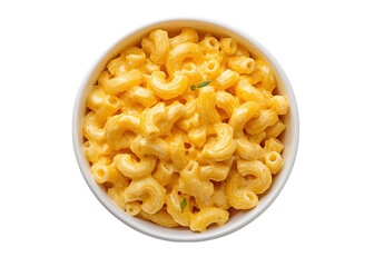 Overhead shot of macaroni and cheese in a white bowl against a transparent background. Concept of comfort food, easy meals, and family dinners.