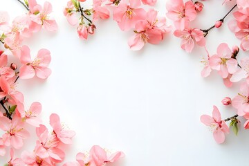Fototapeta premium Beautiful pink flowers on a white background, top view, flat lay, empty space for text. Stock photo contest winner, high resolution, stock photography, flat lay, Generative AI