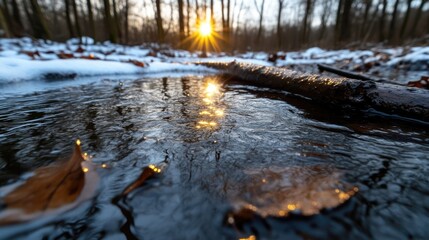 Frozen puddle reflecting winter sun