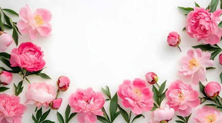 Fototapeta premium Beautiful pink flowers on a white background, top view, flat lay, empty space for text. Stock photo contest winner, high resolution, stock photography, flat lay, Generative AI
