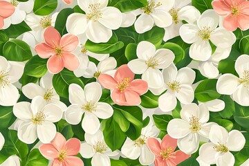 Floral pattern of apple blossoms and green leaves in a seamless repeat design