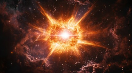 Cosmic explosion; fiery, bright, star-filled space.