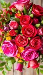 Obraz premium Rustic bouquet of vibrant roses and lush greenery, country style, rustic, greenery