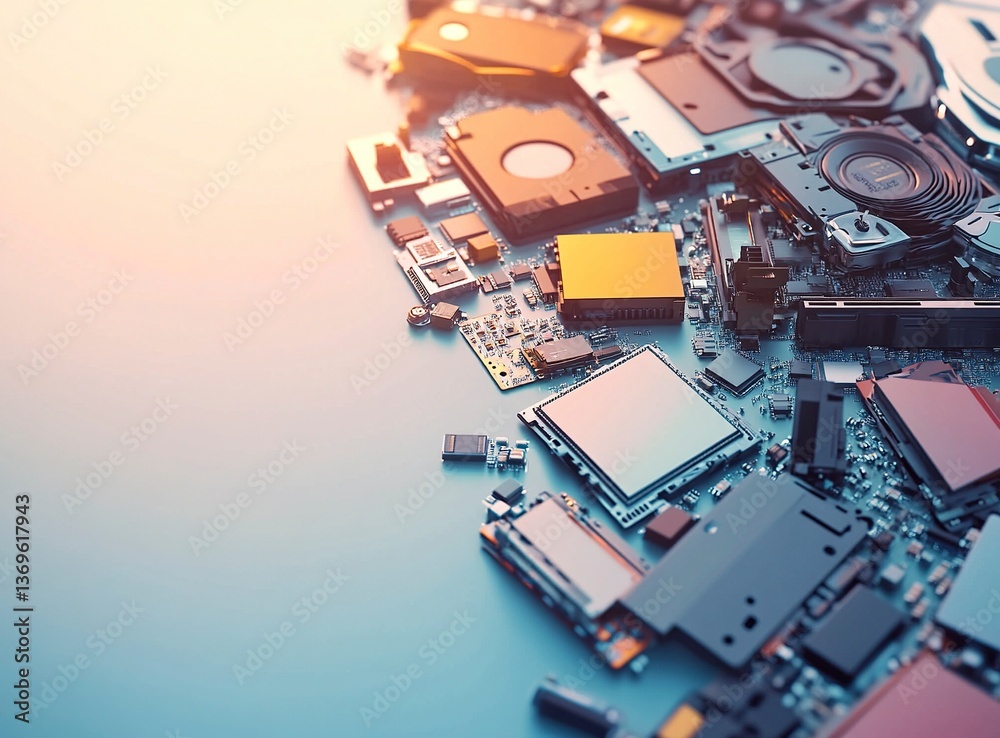 Poster various computer hardware, including hard drives and flash drives, are located on the right side of 