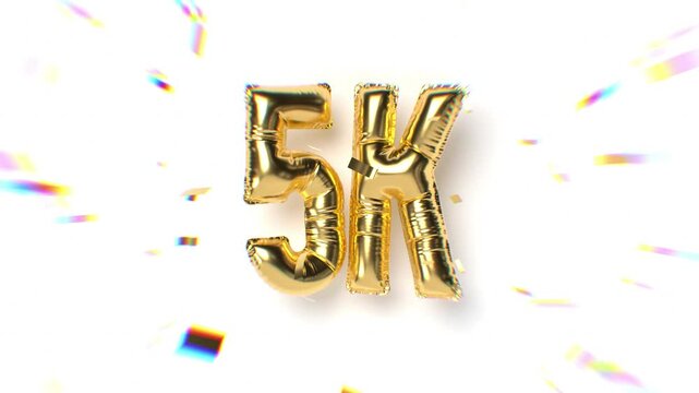 5k Followers Moving Gold Balloon Text and Falling Soft Focus Confetti With Aberration Effect. White background. Thank You Social Media Concept. 4k 3d Rendering Looped Animation.