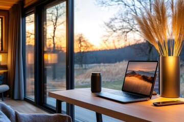 Cozy home office overlooking beautiful sunset landscape