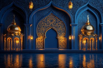 Blue ornate palace interior, golden arches, nighttime