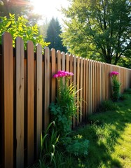 Sun-drenched wooden fence encloses lush green backyard garden, wooden, natural