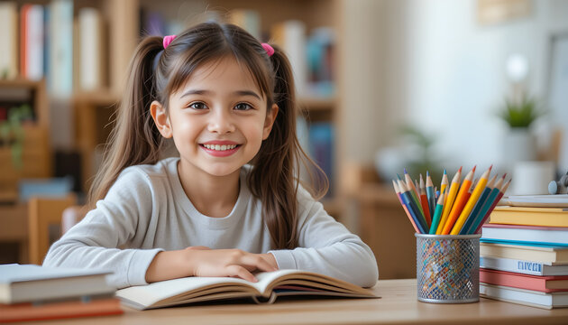 A cute girl studying reading book at desk with pencils and books in school library classroom room