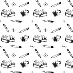 Seamless pattern with images of pencils, books, pencils, doodle style