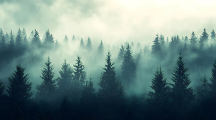 Fototapeta premium Dense Pine Forest Covered in Fog