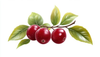 Obraz premium Three Red Cranberries on Stem with Green Leaves Isolated on White Background