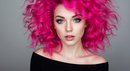 Vibrant pink curls frame a woman's serene face soft light accentuates her features.. AI Generated