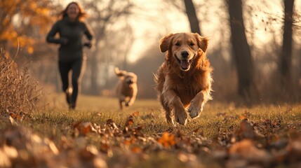 A happy relaxing golden retriever dog exercise with the owner by jogging in the morning sunrise.	