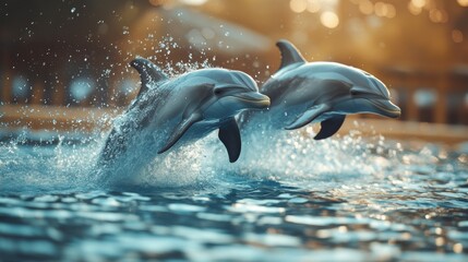 Obraz premium Two Gray Dolphins Leaping from Clear Water Splashing under Sunlight in Bokeh Background