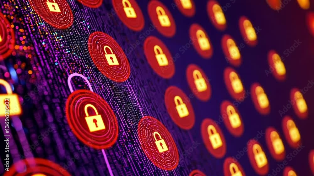 Aufkleber multiple glowing padlocks represent data protection and encryption over a vibrant, flowing stream of