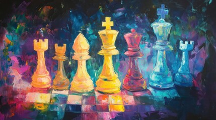 Colorful chess pieces on vibrant board, strategic game, dark background, art