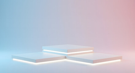 Staggered White Platforms with Soft Glowing Edges and Gradient Blue-Pink Backdrop
