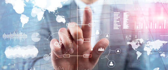 Business dashboard with key performance indicators on a virtual screen city interface