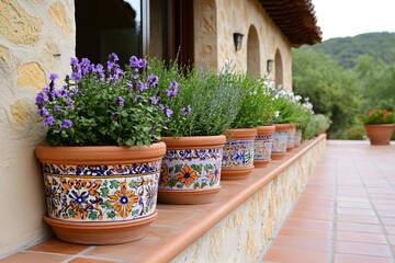 Fototapeta premium Ornamental flower pots decorating the terrace of a house in the countryside