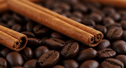Warm light illuminates aromatic cinnamon sticks resting gently on rich dark coffee beans.. AI Generated