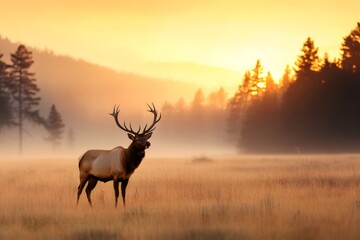 Majestic elk standing in meadow at sunrise with fog