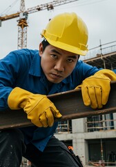 Focused Construction Worker Gripping Steel Beam Strong Daylight. AI Generated