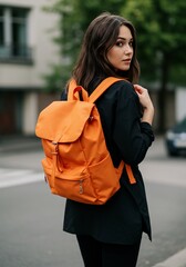 Stylish woman carries vibrant orange backpack city street. AI Generated
