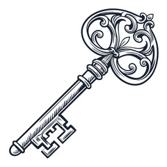 Vintage Style Vector Illustration of a Detailed Skeleton Key with Ornate Decorations