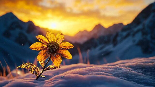 Illuminated flower glowing amidst snow-covered mountains at sunset background video