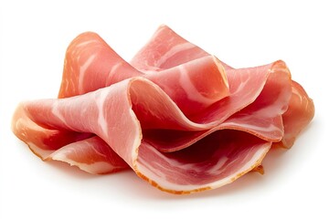 Prosciutto slices lying on white background