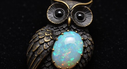 Dark bronze owl pendant glows softly opal center rich textures dramatic lighting. AI Generated