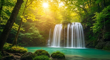 Serene Waterfall Cascades Sunlight Bathes Lush Green Forest. AI Generated