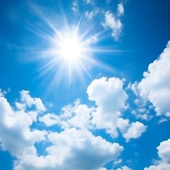 Bright Sun Shining in a Blue Sky with Fluffy Clouds