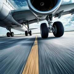 A close-up of airplane wheels on the runway, accelerating as the plane speeds toward takeoff.