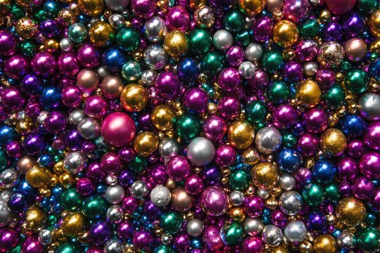 A tightly framed, overhead shot captures a dense collection of Mardi Gras beads, showcasing a vibrant mix of colors and textures.