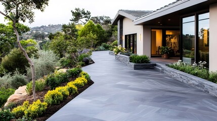 Obraz premium Modern house with large terrace and beautiful garden enjoying the sunset