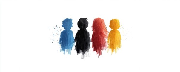 Four abstract figures in vibrant colors representing diversity and connection against a white background.