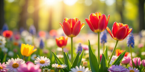 Obraz premium Springtime Tulip Flower Landscape Background with Bright Colors and Lush Greenery