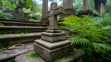 Obraz premium Ancient Stone Cross in a Peaceful Garden Setting