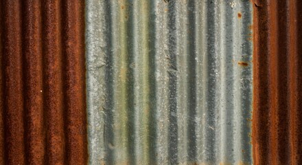 Rustic corrugated metal texture shows rich brown rust contrasts with faded gray tones creating a compelling visual aesthetic.. AI Generated