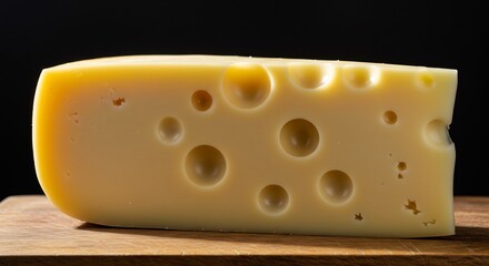 Closeup Pale Yellow Swiss Cheese Block Dark Background. AI Generated