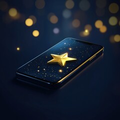 Celestial Smartphone: A sleek smartphone rests, adorned with a golden star against a backdrop of stardust and ethereal bokeh lights, signifying achievements and digital allure.