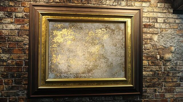 Vintage gold frame on weathered brick wall, abstract art gallery exhibit space, interior mockup