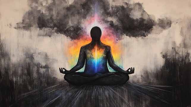 A meditating figure with rainbow light bursting through a storm cloud.